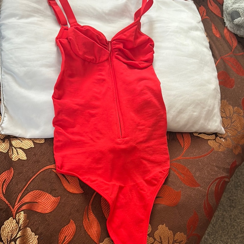 Red Bodysuit with Sweetheart Neckline and Ruched Detailing